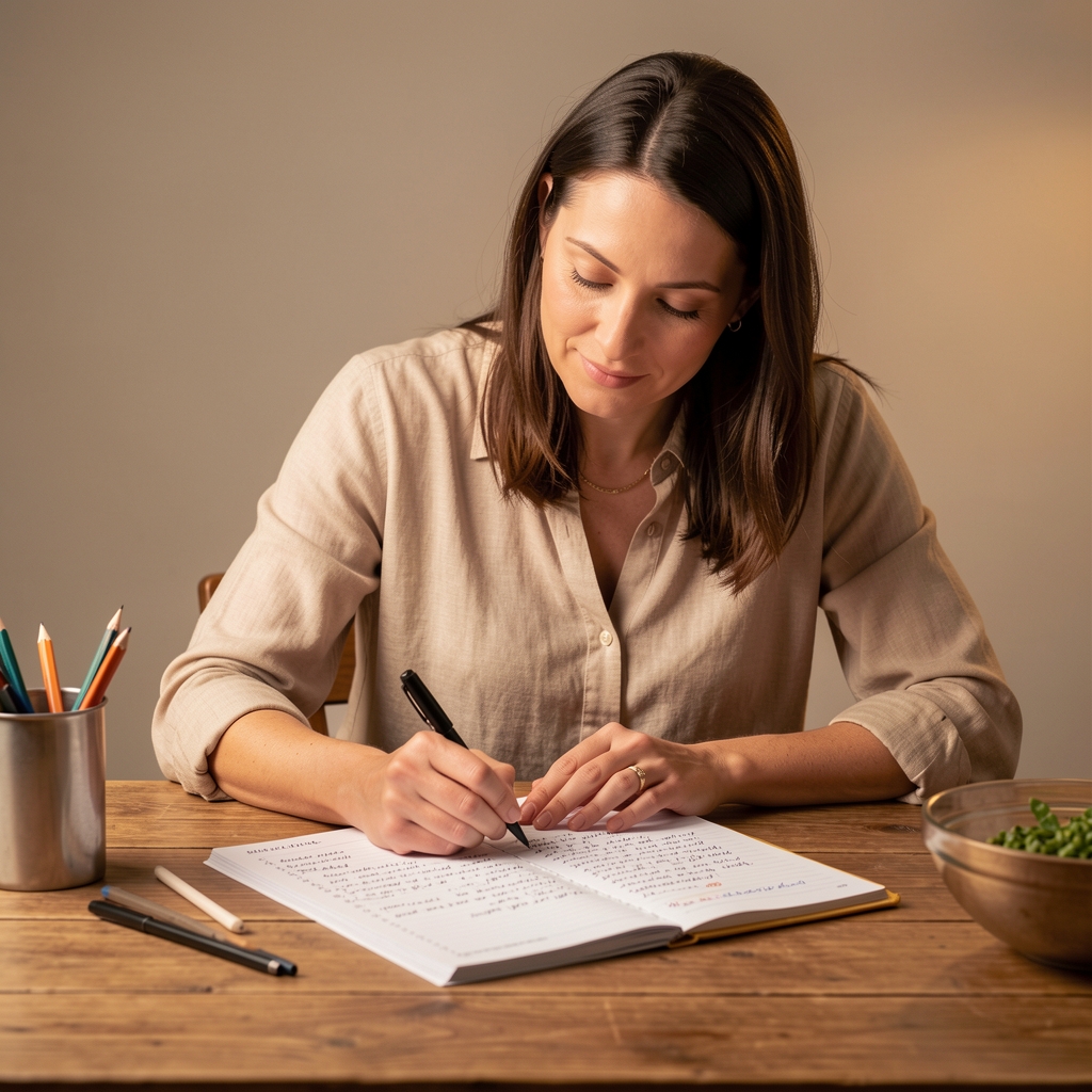 Nutrition specialist reviewing a handwritten food diary at a wooden desk under warm studio lighting