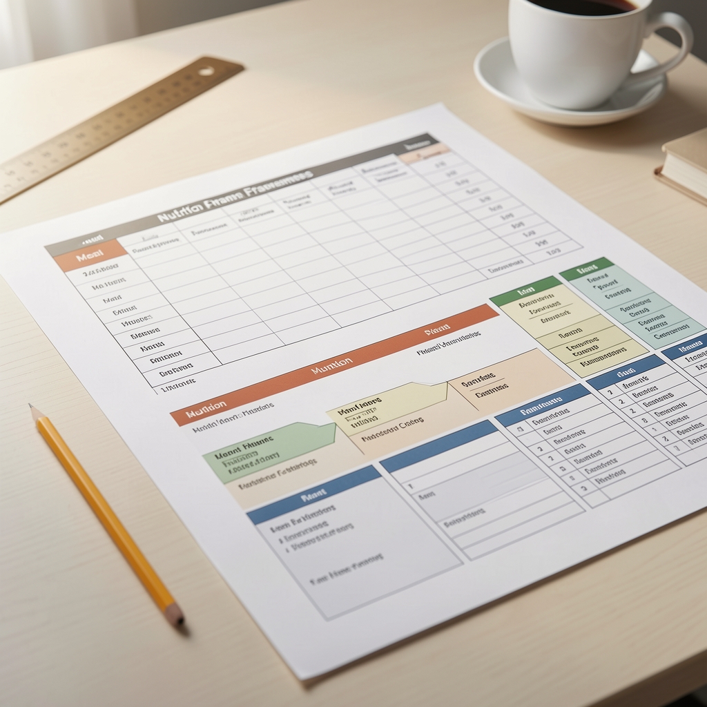 Nutrition frameworks and meal planning charts spread across a light-coloured desk with a pencil and ruler