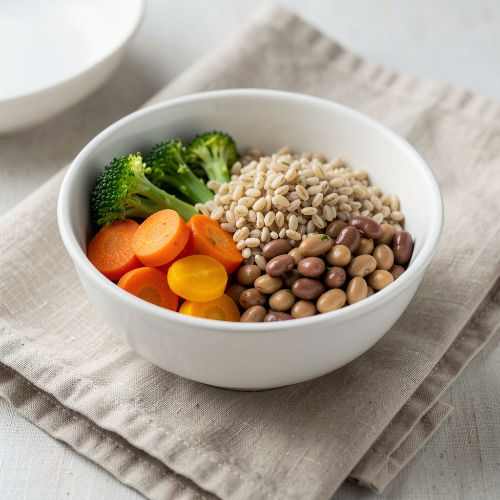 Freshly prepared balanced meal with vegetables, wholegrains, and legumes in a white ceramic bowl on a linen cloth