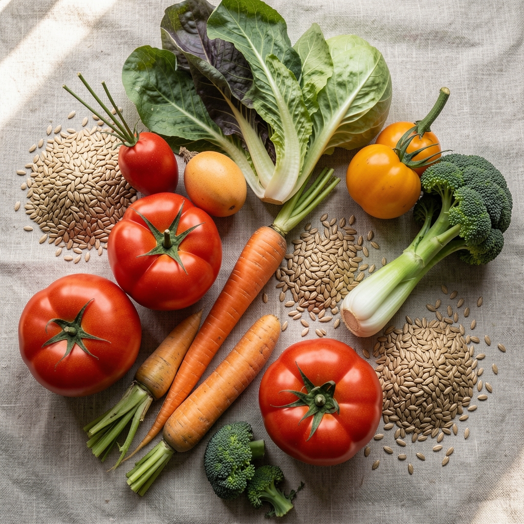Seasonal vegetables and whole grains arranged on a linen surface in natural daylight, viewed from above