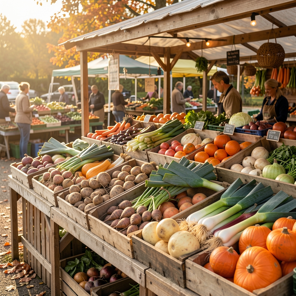 UK farmers market vegetable stall with crates of seasonal root vegetables, leeks, and squash in autumn light